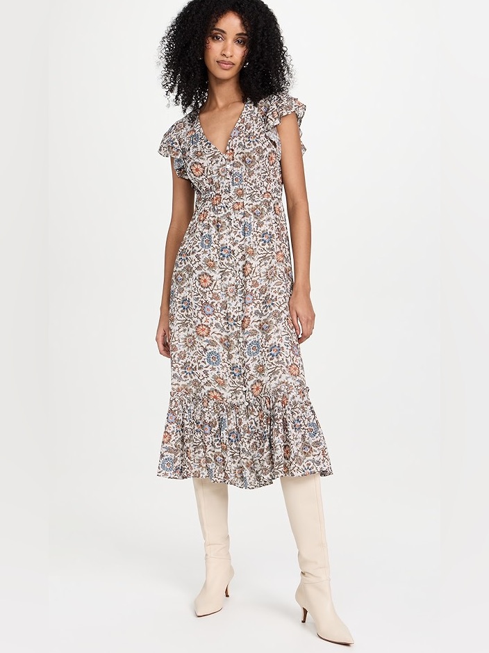 Floral V-Neck Ruffle Midi Dress In Cream And Muted Floral